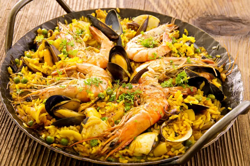 Seafood Paella cooked in a pan