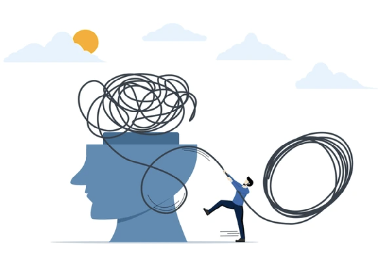 illustration of chaotic thoughts in brain showing default mode network activity during meditation
