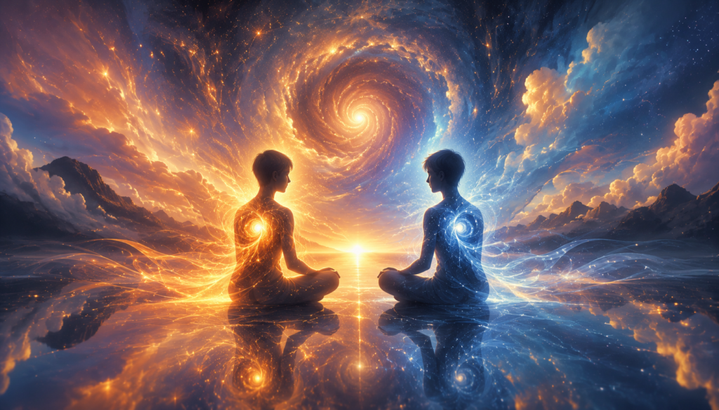 A cosmic spiritual artwork showing two souls emotionally drawn toward each other through divine energy and universal connection.