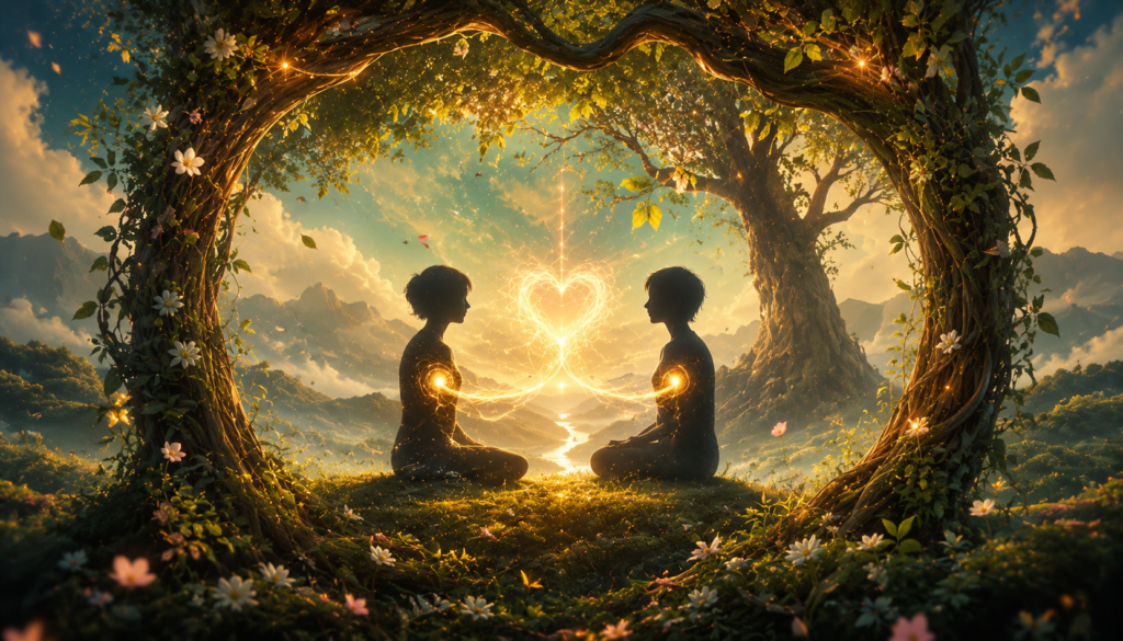 A cosmic spiritual artwork showing two souls emotionally drawn toward each other through divine energy and universal connection.