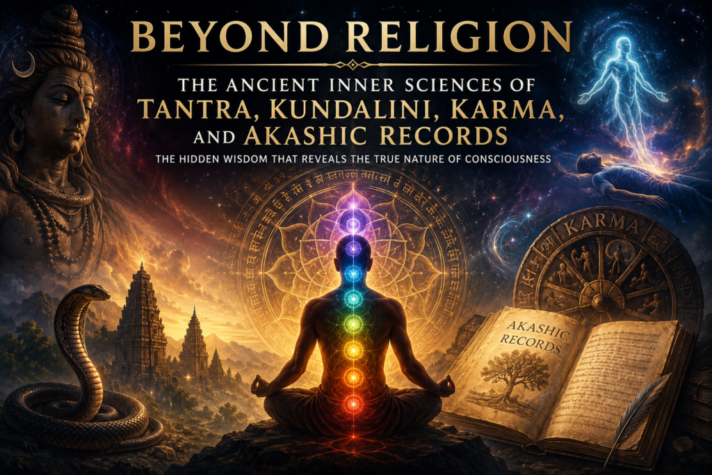 A spiritual seeker meditating with illuminated chakras surrounded by symbols of Tantra, Kundalini awakening, karma, Akashic Records, and higher consciousness against a cosmic backdrop.