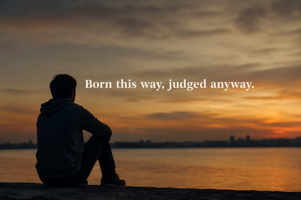 A young man sitting alone near a waterfront during sunset reflecting emotional loneliness and social isolation.