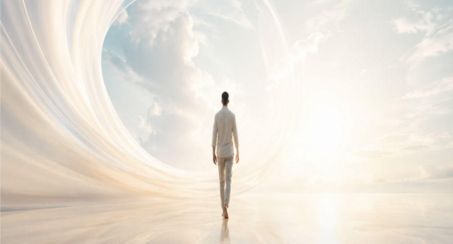A man walking toward light in a peaceful reflective landscape symbolizing inner awakening, self-awareness, and spiritual freedom.