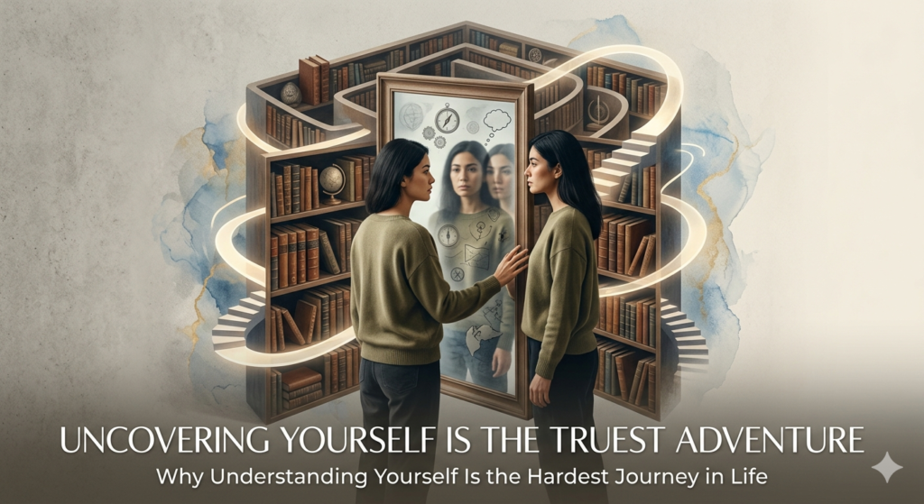 A woman looking into a mirror that reveals multiple reflections of herself, framed by a complex maze made of bookshelves on a light watercolor background.
