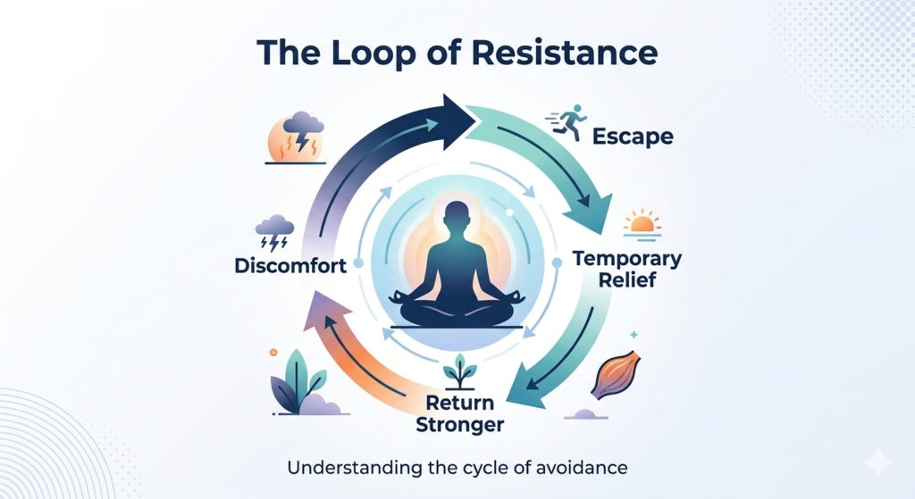 Cycle showing discomfort, escape, temporary relief, and return of mental resistance during meditation