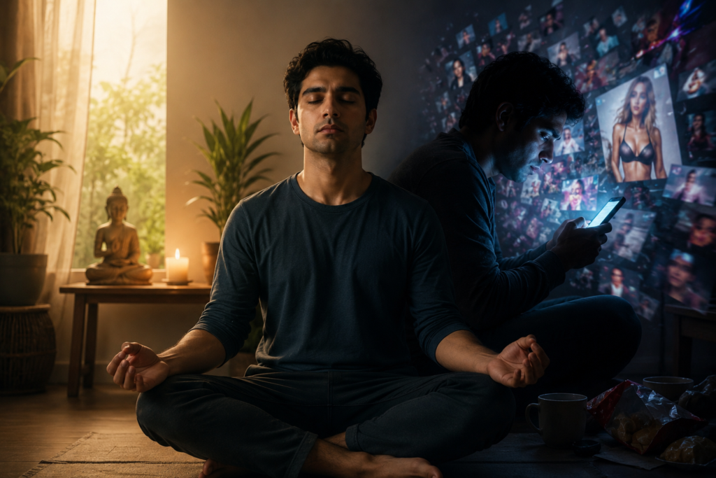 Man meditating peacefully while his darker side remains absorbed in phone addiction and digital stimulation symbolizing the conflict between inner peace and hidden desires