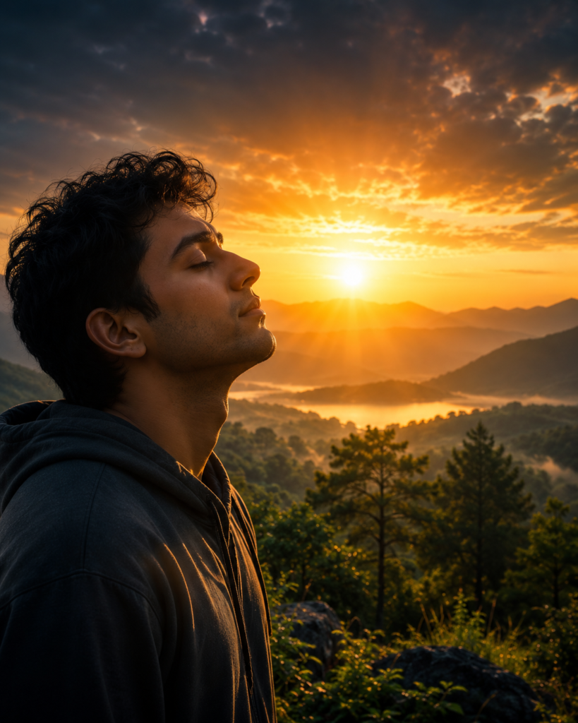 Peaceful man with closed eyes standing in nature during sunrise symbolizing mental peace and emotional healing