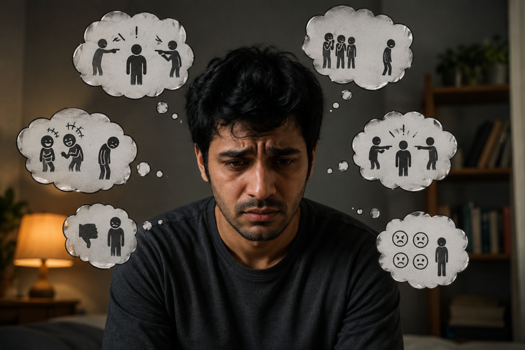 A lonely individual surrounded by people pointing fingers symbolizing social rejection, criticism, and emotional isolation.