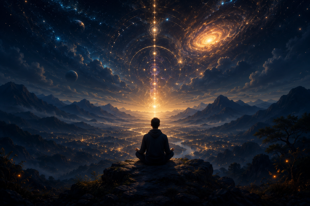A meditating figure seated on a mountain cliff under a cosmic night sky with luminous energy ascending into galaxies symbolizing super consciousness and Kriya Yoga awakening.