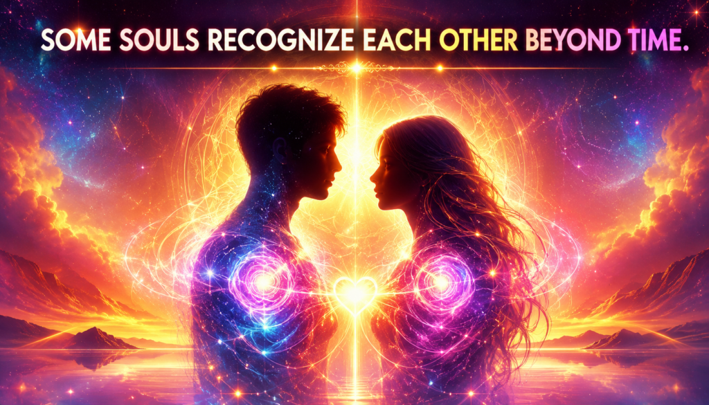 Two spiritually connected souls standing beneath a glowing cosmic sky symbolizing twin flame recognition and deep soulmate energy.
