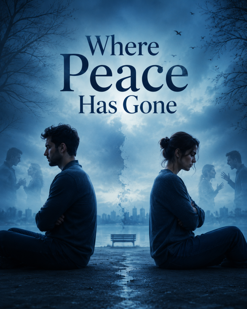 Emotionally distant man and woman sitting apart in blue background symbolizing broken relationships and loss of peace in modern families