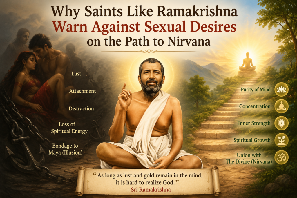 Spiritual illustration of Sri Ramakrishna explaining how sexual desires and attachment distract seekers from enlightenment and nirvana.