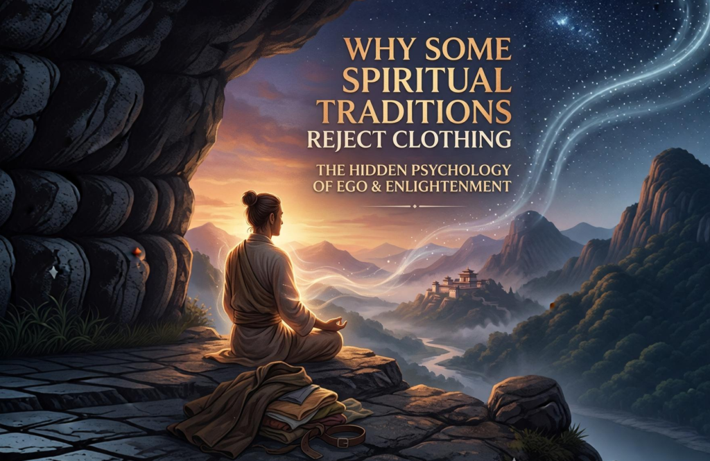 A meditating ascetic looking out from a cave over a mountain valley, with text reading "Why Some Spiritual Traditions Reject Clothing: The Hidden Psychology of Ego and Enlightenment".