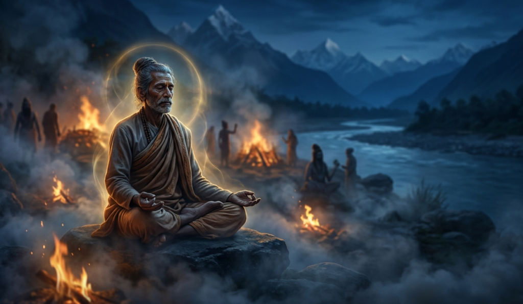 Cinematic widescreen digital artwork of an elderly Indian yogi with a gray beard and topknot meditating in lotus pose on a stone. A faint, radiant golden aura surrounds him. In the misty background, small fires burn along a wide river while majestic, snow-capped mountains loom under a deep blue twilight sky.