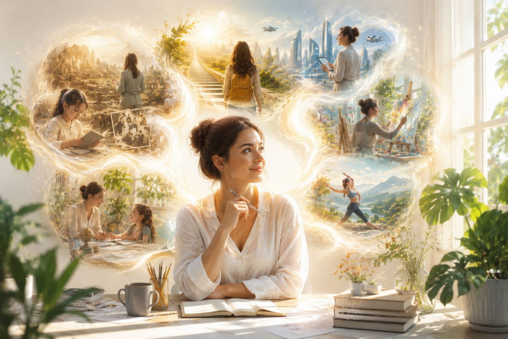 Thoughtful woman sitting at a bright desk envisioning future opportunities, creativity, growth, and life possibilities. Meditation often inspires clarity, helping us connect present awareness with future possibilities and personal growth.