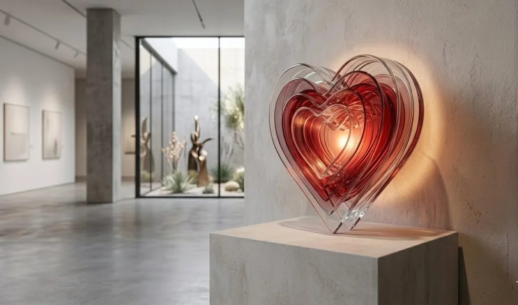 A bright modern art gallery displaying an illuminated, layered red glass heart sculpture on a stone pedestal against clean architecture.