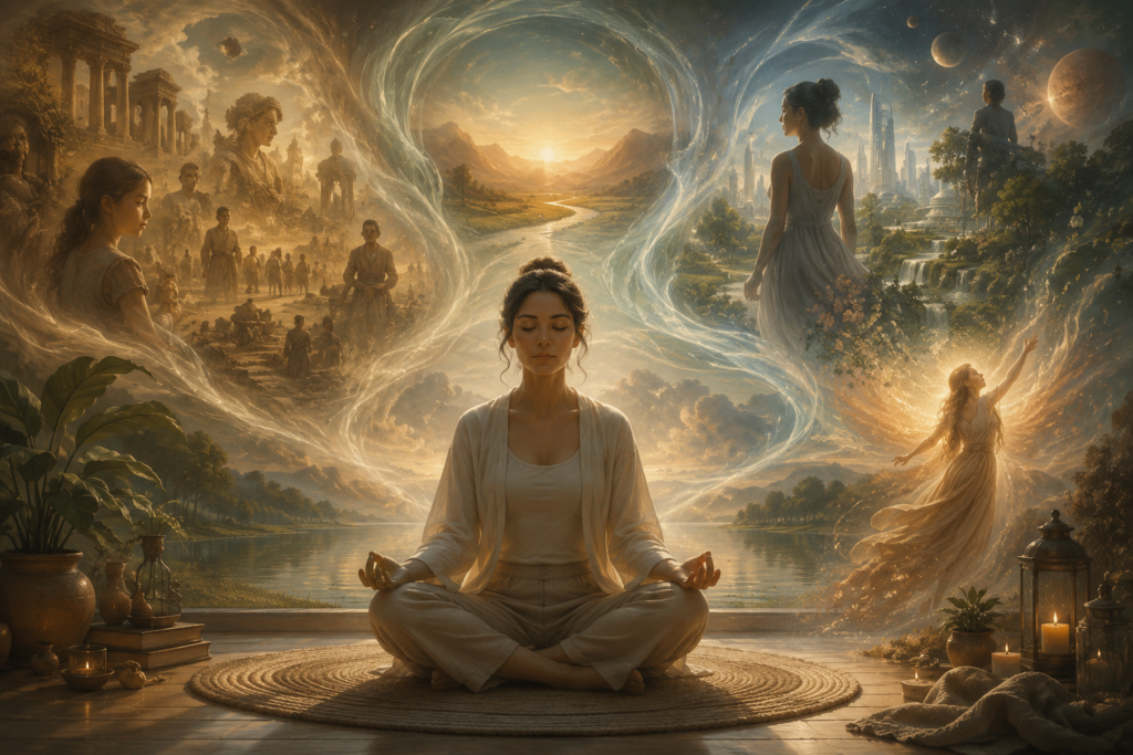 Woman meditating beside a lake surrounded by symbolic visions of the past, future, and personal transformation.