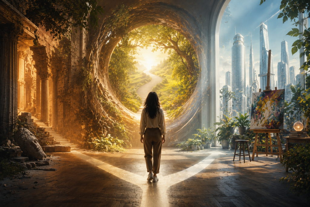 Person standing before a luminous portal connecting ancient ruins, a bright natural landscape, and a futuristic city.