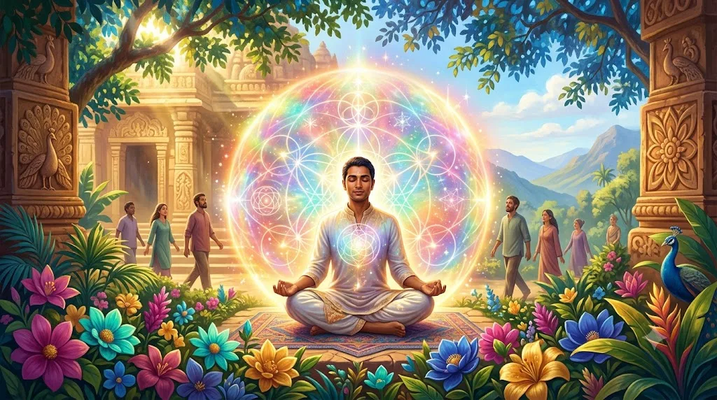 A bright, colorful digital art landscape featuring a young man meditating in a lotus position, surrounded by a large, glowing golden aura of sacred geometry. People are drawn toward his serene energy from a lush, tropical garden with vibrant flowers and carved stone pillars under a blue sky with mountains.