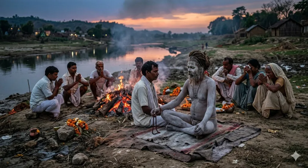 A high-detail digital illustration of an Aghori ascetic covered in gray ash, sitting in a meditative posture on a blanket by a river. Next to him, a wood funeral pyre blazes with bright orange flames. Several Indian villagers in traditional rural clothing sit nearby on the dirt, crying and praying with pressed hands. The scene takes place along a wide river during a dim, overcast sunset with a distant village on the opposite bank.
