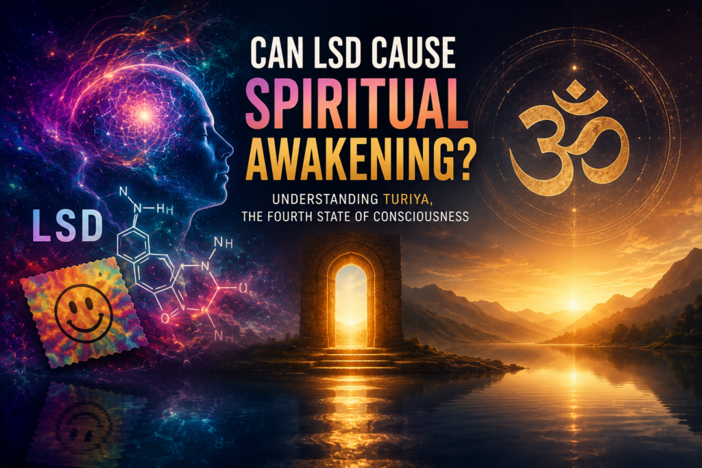 Surreal landscape depicting the contrast between LSD-induced altered states and Turiya, the Fourth State of Consciousness in Hindu philosophy, featuring cosmic imagery, Om symbolism, and a gateway to higher awareness.