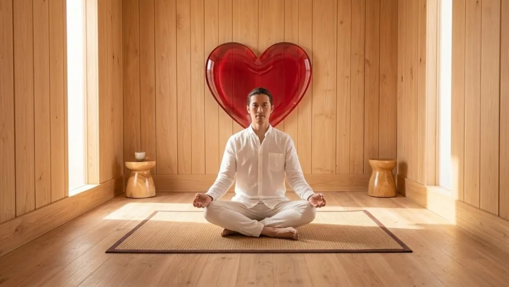 A person meditating in a quiet room with a warm crimson and pink glow illuminating the background wall.