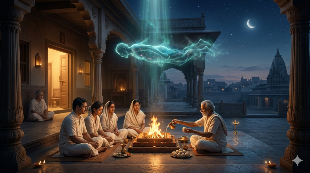 A glowing, ethereal subtle soul floating above a traditional Hindu family performing a 13-day post-death ritual around a sacred fire pit under a starry night sky.