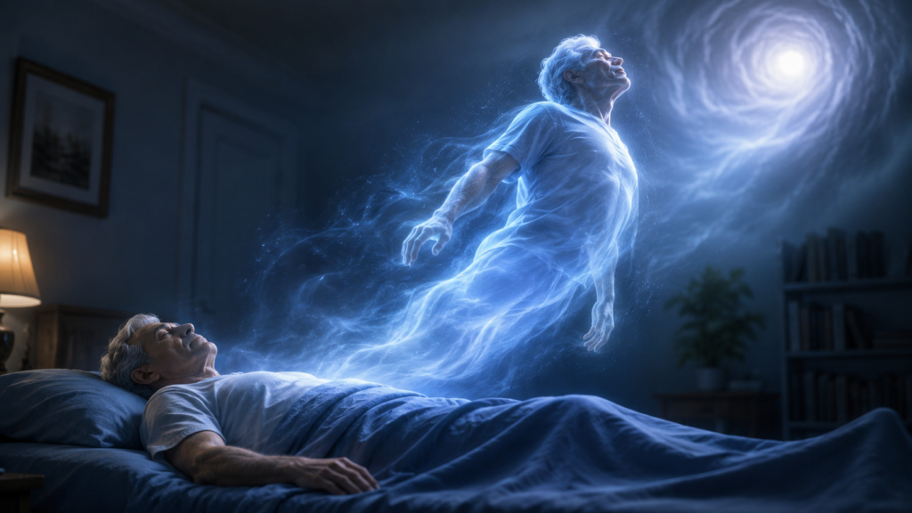A luminous human consciousness rises above a sleeping body toward a radiant light, symbolizing an out-of-body near-death experience.