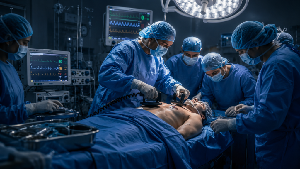 Medical team performs emergency resuscitation on a cardiac arrest patient while advanced monitoring equipment tracks vital signs in a hospital operating room.