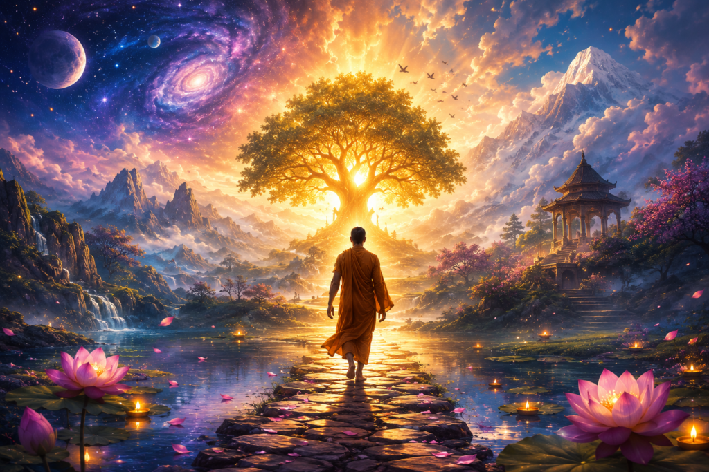Spiritual depiction of reincarnation and the soul's journey toward enlightenment and moksha.
