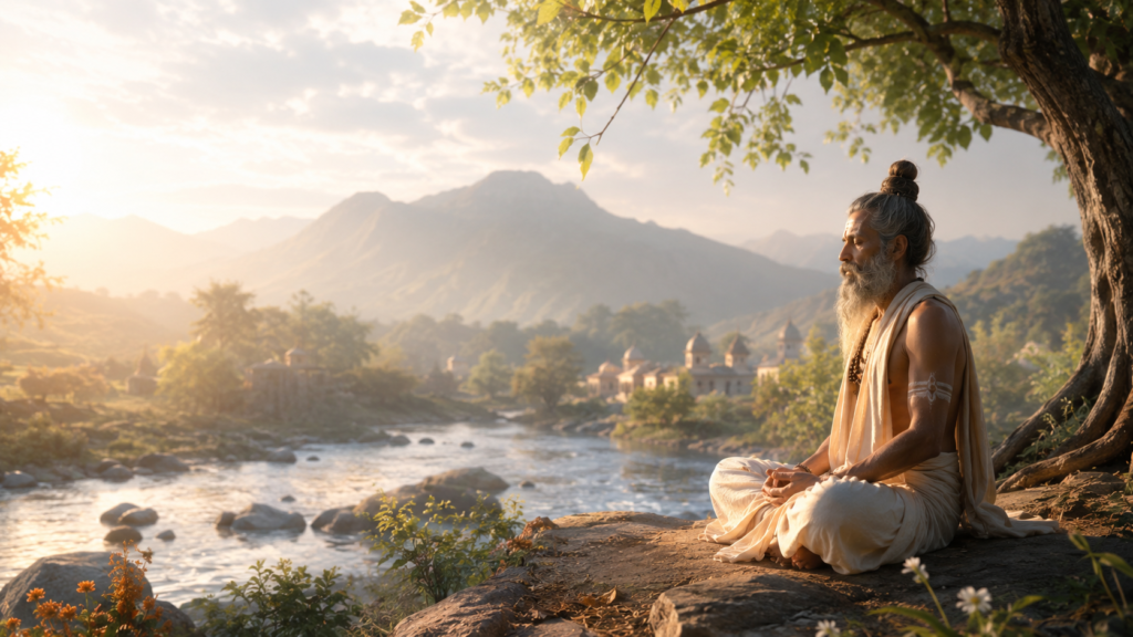 Tantric sadhus engaged in deep meditation symbolizing spiritual energy transformation and virya awareness in a mystical sacred setting