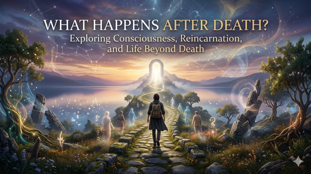 Digital artwork header banner for a blog titled "What Happens After Death?" showing a traveler and glowing spirits walking on a stone path toward a radiant portal under a cosmic twilight sky.