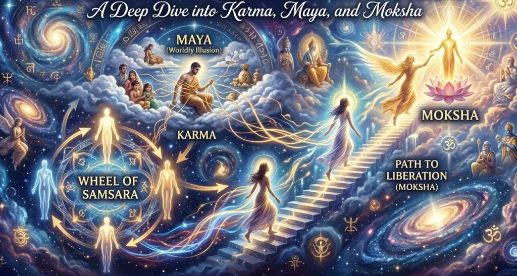 An intricate spiritual banner charting the paths of Karma, Maya, Samsara, and Moksha.