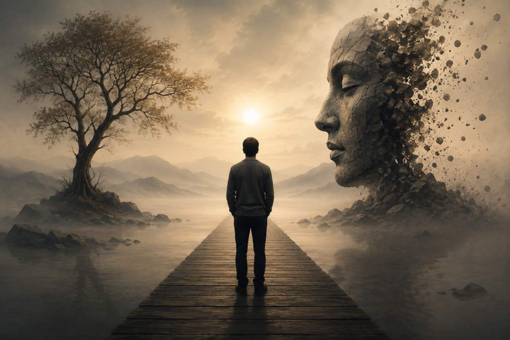 A solitary person standing on a wooden path between a barren tree and a dissolving stone face, symbolizing mortality, self-reflection, and the human fear of death.