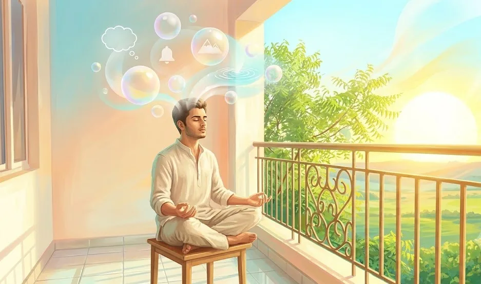 A person meditating peacefully in his balcony overlooking the vast green fields in complete bliss and serenity.