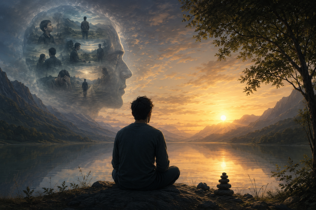 Meditative figure reflecting on karma beside a peaceful mountain lake at sunrise.