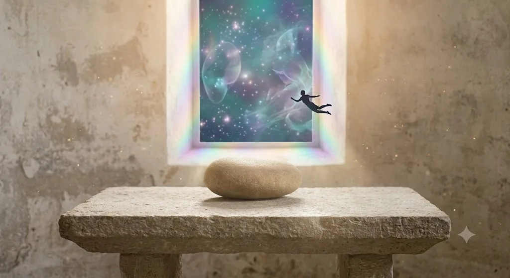 Silhouette floating through a space portal above a rock.