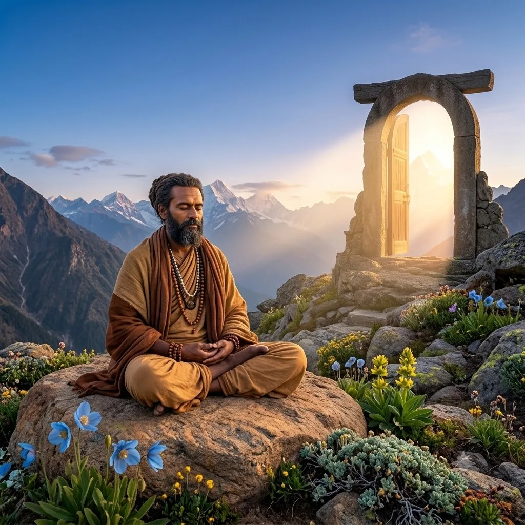 A meditating sage near a mountain portal.