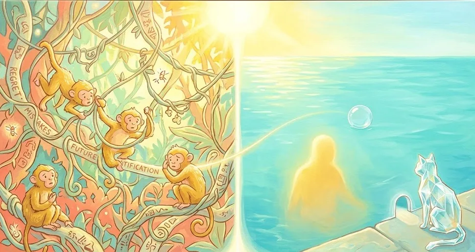 A dual-concept split painting showing restless monkeys in a tangled jungle on the left and a serene glowing figure in peaceful blue water watched by a crystal cat on the right.