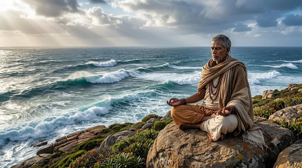 Sage meditates on coastal rocks.