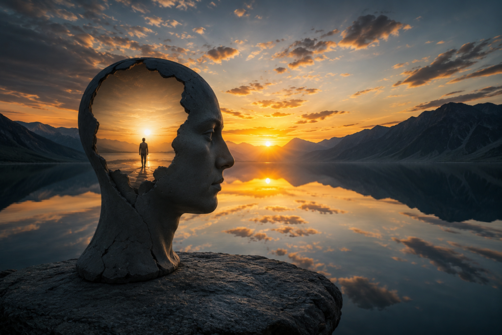 Symbolic scene representing witness consciousness beyond karma and the changing self.