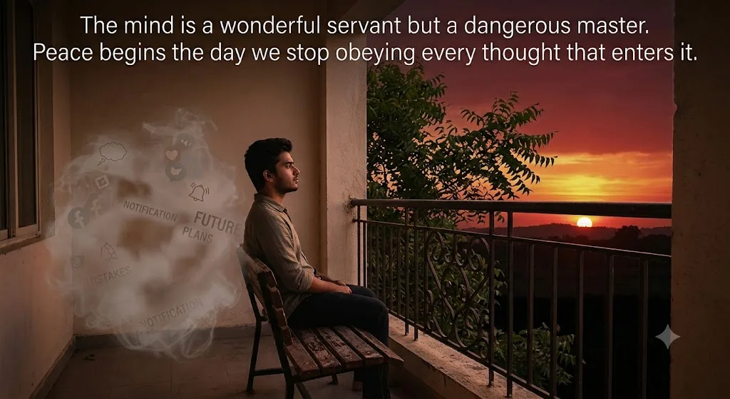 A young man sits on a balcony bench at sunset, contrasted by a smoky cloud of thoughts like "Future Plans" and "Mistakes" on his left, and a serene crimson sunset over trees on his right.