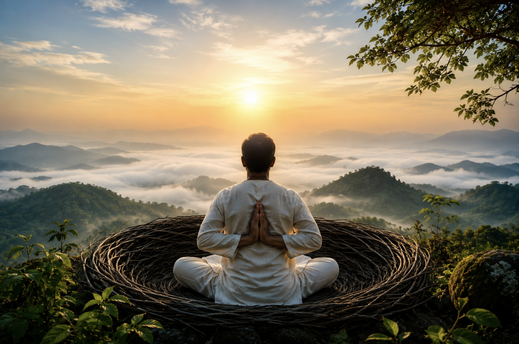 Person meditating above misty mountains symbolizing witness consciousness and inner peace.