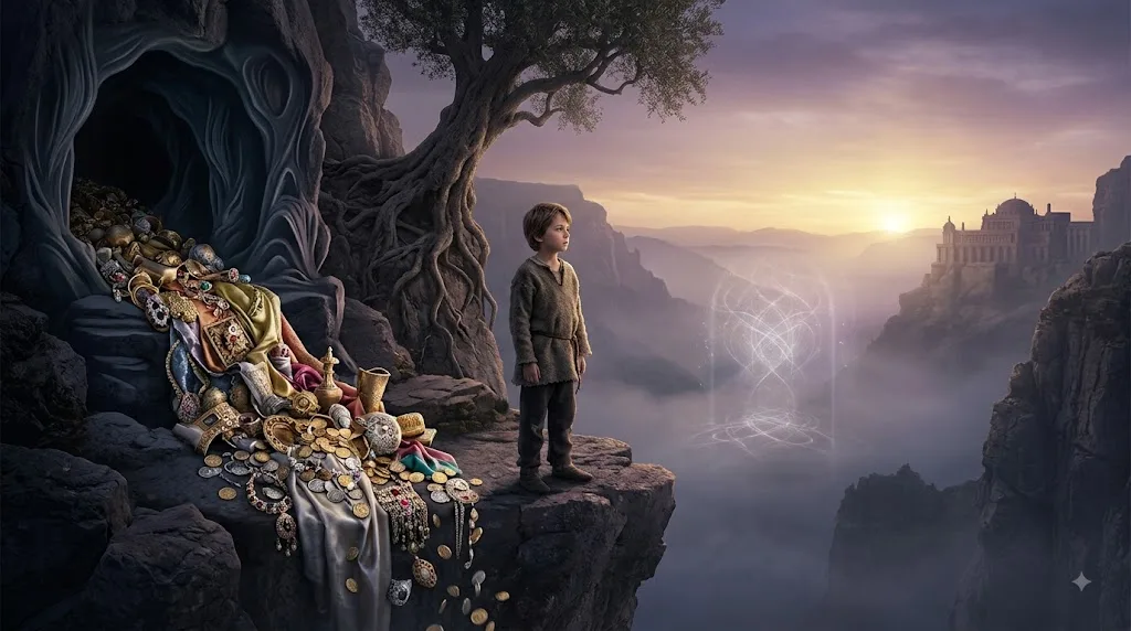 A boy on a cliff turning from treasure toward a glowing portal.