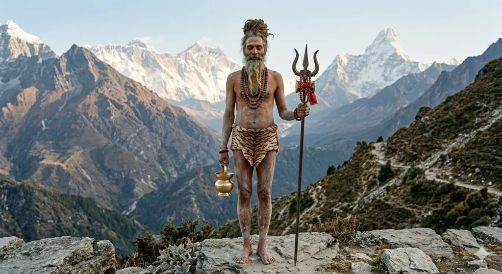 An ascetic sage covered in ash stands holding a trishul and kamandalu against the Himalayas.