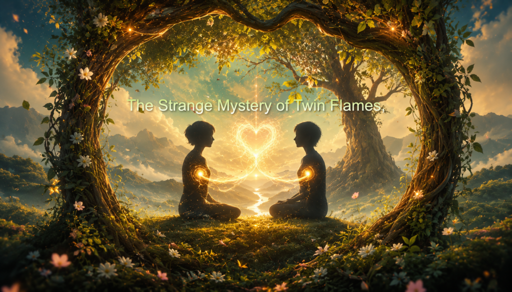 A cosmic spiritual artwork showing two souls emotionally drawn toward each other through divine energy and universal connection.