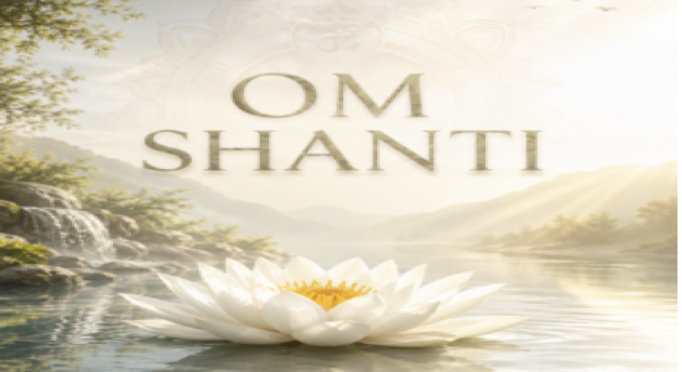White lotus floating on calm water with OM SHANTI text and soft golden sunlight symbolizing inner peace and spiritual calmness