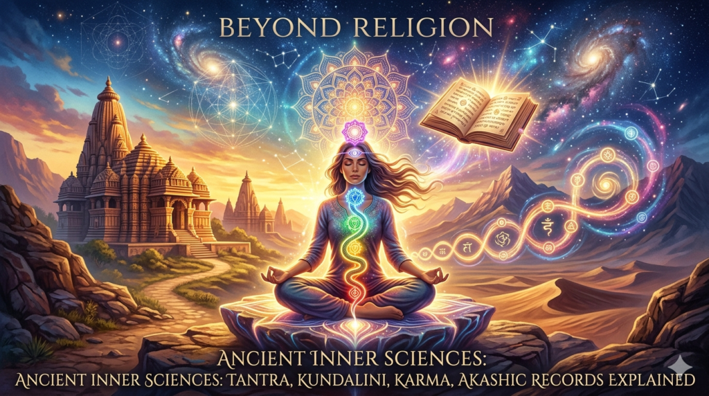 A horizontal digital art banner featuring a woman meditating in a landscape layout. Glowing chakra symbols ascend her spine with a coiled snake representing Kundalini energy. Surrounding her are ancient stone temples, a floating open book symbolizing Akashic Records, sacred geometry, a golden cosmic mandala, and galaxies in the starry night sky.