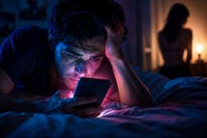 Lonely man staring at a glowing phone in a dark room symbolizing digital escapism, mental exhaustion, and hidden emotional isolation.