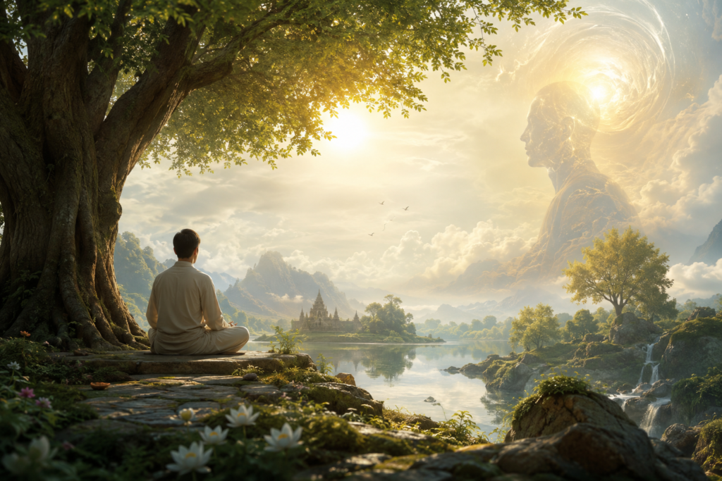 A solitary man meditating beneath an ancient tree beside a peaceful lake while a luminous higher consciousness figure emerges in the sky symbolizing awareness and spiritual awakening.
